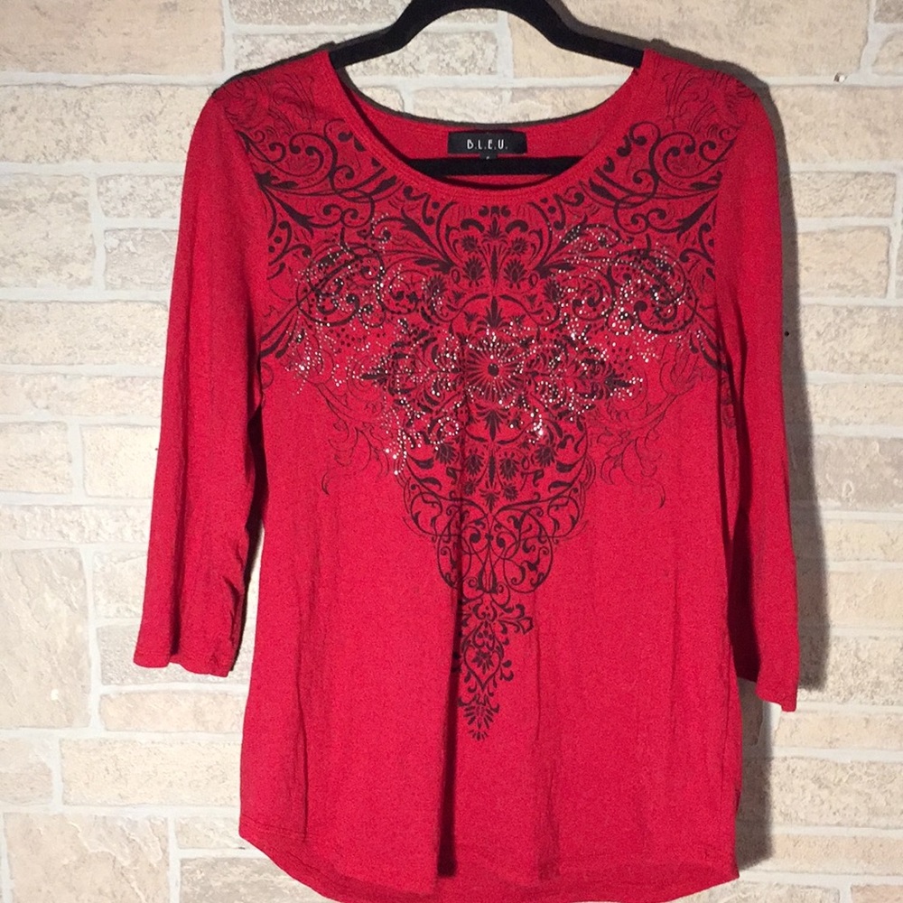✅Bleu Long Sleeve Burnout Tee with Rhinestones